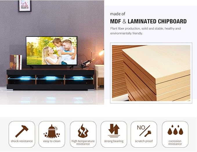 HOMMPA LED TV Stand with LED Lights for 65 inch TV Modern Entertainment Center with Storage 57" Black TV Console with Glass Shelves for Living Room 15" Tall - LeafyLoom