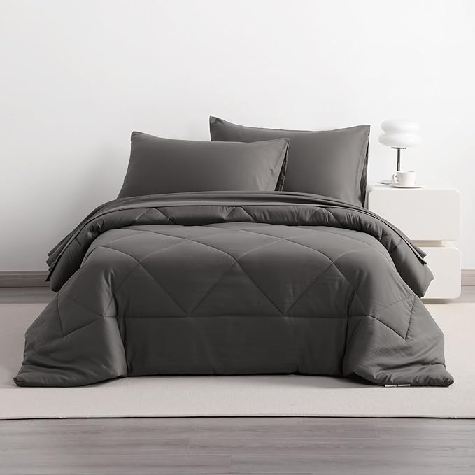 NTBAY Twin Comforter Set with Sheets, 5 Pieces Soft and Breathable Twin Bedding Set, Twin Bed in a Bag, Down Alternative Comforter Set Solid Color All Season, Kids Bedding Set, Dark Grey - LeafyLoom