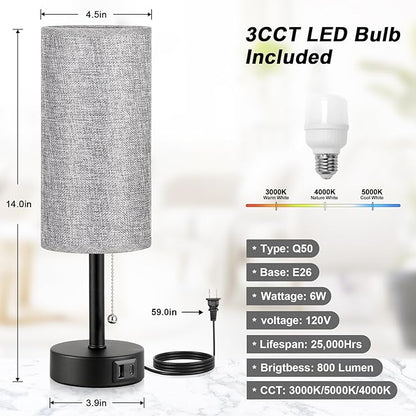 Grey Bedside Lamp for Bedroom Nightstand - Small Table Lamp with USB A + C Charging Port, 3 Color Temperatures Pull Chain Night Stand Light with Bulb, Side Table Desk Reading Lamp for Living Room - LeafyLoom