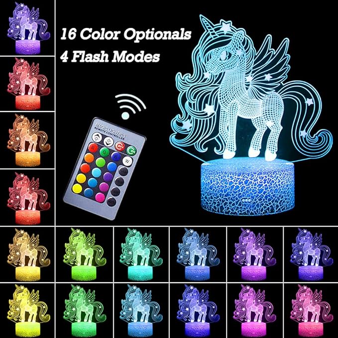 Unicorn Night Light, 3D Illusion Lamp Unicorn Lights for Kids Room, 16 Colors & Flashing Modes with Remote Control Opreated Dimmable Christmas Birthday Gifts for Boys Girls Kids Children Teen - LeafyLoom