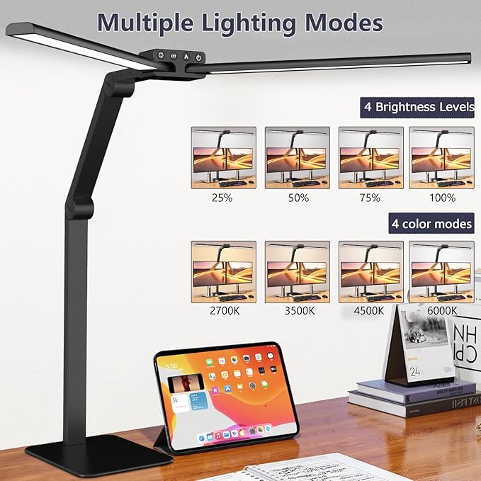 KableRika Desk Lamp Home Office: 24W Bright Double Led Desk Lights with Base - Auto Dimming Table Light - Dimmable Eye Caring Task Office Lamps for Monitor Study Drafting - LeafyLoom