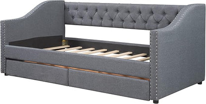 Twin Size Upholstered Linen Fabric Daybed with Two Drawers,Wooden Storage Bed Frame,W/Diamond-Tufted Backrest & 2 Armrests,Wood Slat Support,for Living Room Bedroom,Gray - LeafyLoom