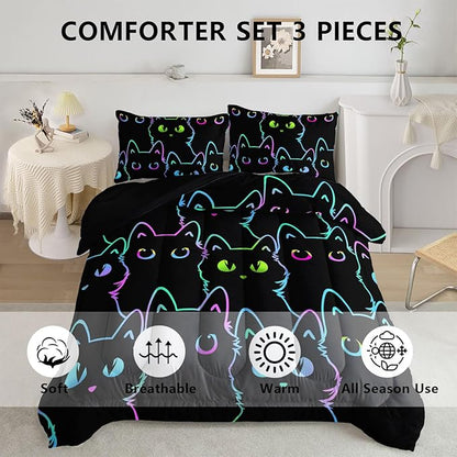 Axolotl Kids Bedding Cartoon Cat Comforter Set Queen Size,Gradient Line Cute Cat Bedding Set for Teens Kids Boys Girls Adults Room Decor,Kids Comforter Set All Season,1 Comforter 2 Pillow Cases,Black - LeafyLoom