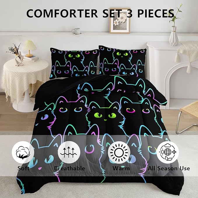 Axolotl Kids Bedding Cartoon Cat Comforter Set Full Size,Gradient Line Cute Cat Bedding Set for Teens Kids Boys Girls Adults Room Decor,Kids Comforter Set All Season,1 Comforter 2 Pillow Cases,Black - LeafyLoom