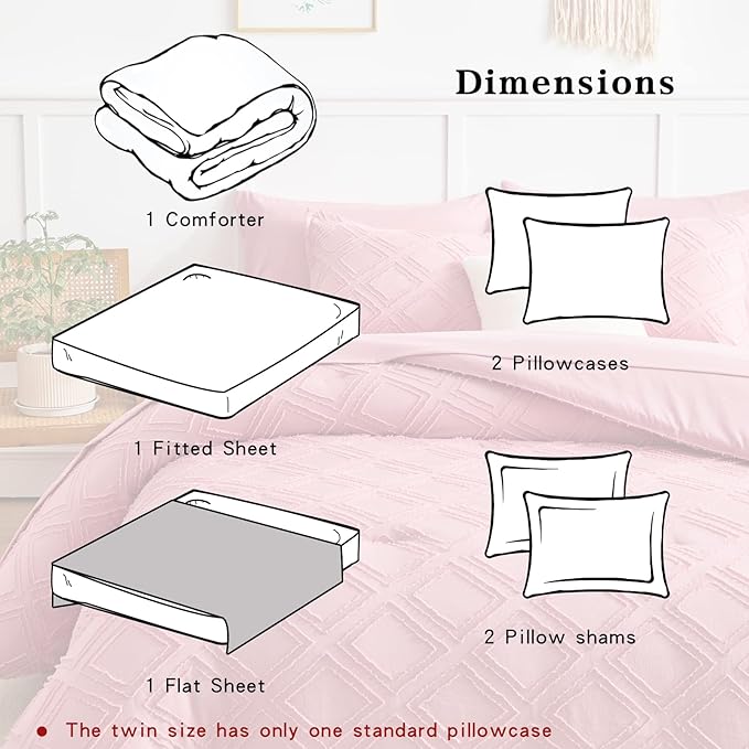 7 Pieces Tufted Bed in a Bag King Comforter Set with Sheets Pink, Soft and Embroidery Shabby Chic Boho Bohemian, Luxury Solid Color with Diamond Pattern, Jacquard Tufts Bedding Set for All Season - LeafyLoom