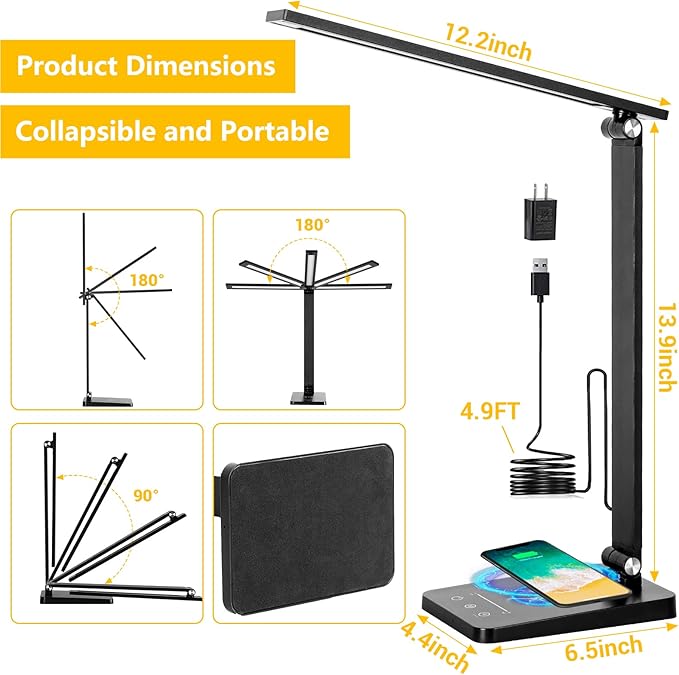 LED Desk Lamp for Home Office, 3 Levels Dimmable Desk Light with USB Charging Port, Small Study Lamp, Reading Light for Table, Deep Black, 5000K - LeafyLoom