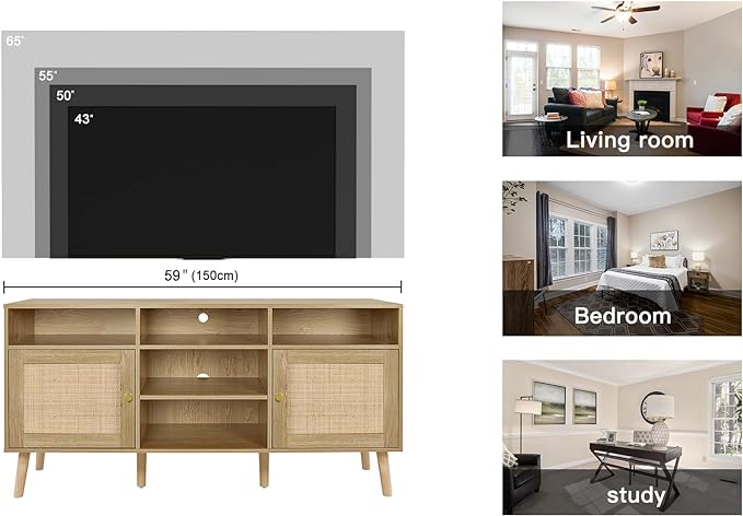 Anmytek Rattan TV Stand for TV up to 65inch,30'' Tall Farmhouse TV Stand Mid Century Modern TV Stand with Storage TV Console Entertainment Center Media Cabinet for Living Room Bedroom - LeafyLoom