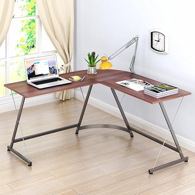 SHW L-Shaped Computer Gaming Desk, Walnut - LeafyLoom