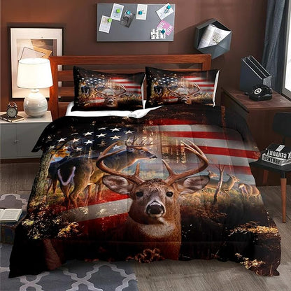 LUVIVIHOME 3PCS Camo Hunting Comforter Set, Deer Comforter King Size, Patriotic American Flag Hunter Woodland Forest Animal Elk Moose Wildlife Cabin Lodge Country Rustic Bedding Quilt, 2 Pillow Shams - LeafyLoom