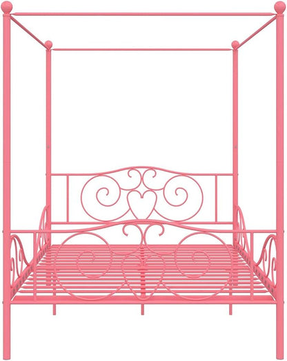 DHP Metal Canopy Kids Platform Bed with Four Poster Design, Scrollwork Headboard and Footboard, Underbed Storage Space, No Box Sring Needed, Full, Pink - LeafyLoom