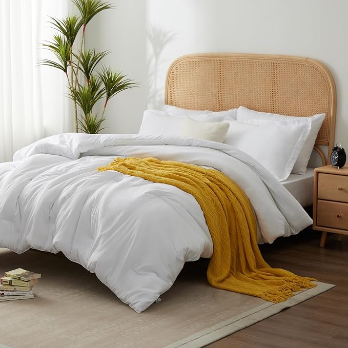 King Bed in a Bag 7 Pieces Bedding Comforter Set with Comforter and Sheets White King Bed Set with Sheets,Pillow Shams, Flat Sheet, Fitted Sheet and Pillowcases - LeafyLoom