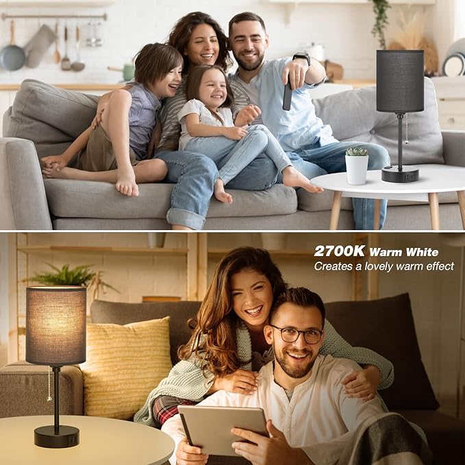 Dicoool Black Bedroom Lamps 3 Color Temperatures - 2700K 3500K 5000K Small Bedside Lamps with USB C and A Ports, Pull Chain Table Lamps with AC Outlet, Black Nightstand Lamps for Kids Sleeping - LeafyLoom