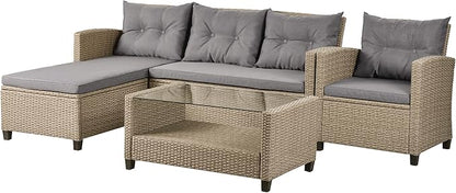 4 Piece Outdoor Patio Furniture Set, Sectional Conversation All-Weather Grey PE Wicker w/Seat Cushions for Backyard Porch Garden Poolside Balcony, Onesize, Oc-Gray - LeafyLoom