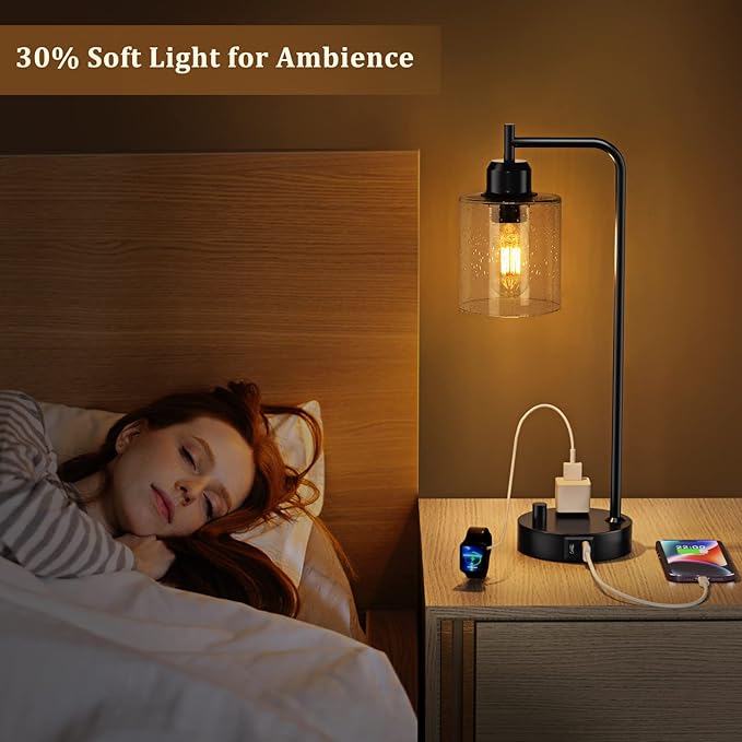 Industrial Bedside Table Lamp for Bedroom - Nightstand Lamps with USB C Charging Port, Fully Dimmable Black Ports and Outlets, Small Desk Glass Shade Office Living Room - LeafyLoom