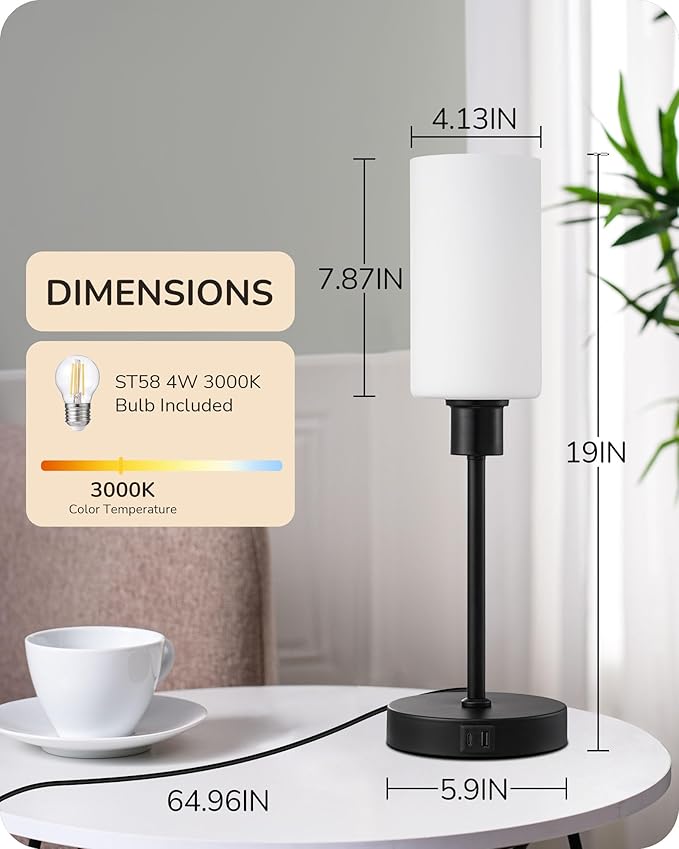 EDISHINE 19" Glass Table Lamp with Full Body Touch Control, Modern Bedside Lamp, 3-Stage Dimmable & USB-A+Type-C Charging Ports, Nightstand Lamp for Living Room, Bedroom (Black) - LeafyLoom