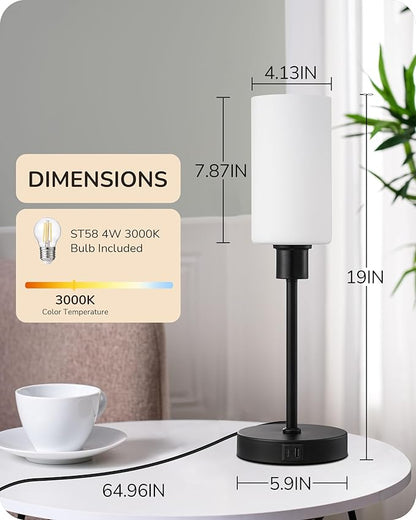 EDISHINE 19" Glass Table Lamp with Full Body Touch Control, Modern Bedside Lamp, 3-Stage Dimmable & USB-A+Type-C Charging Ports, Nightstand Lamp for Living Room, Bedroom (Black) - LeafyLoom