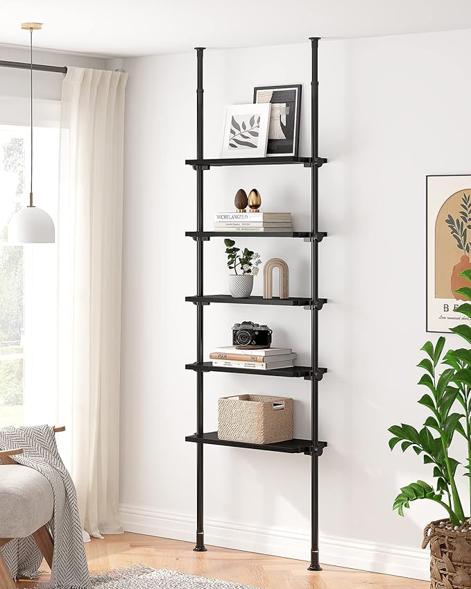 ALLZONE 5 Tiers Narrow Bookshelf, Tall Adjustable Ladder Book Shelf with Open Storage, Floor to Ceiling Tension Mount, Wooden Industrial Bookcase for Living Room, 92 to 116 Inch, Black - LeafyLoom