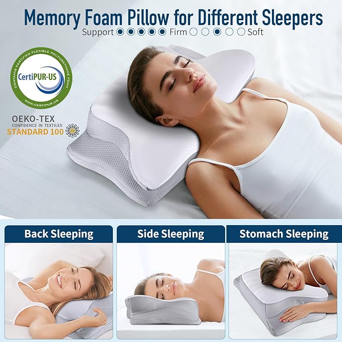 Cervical Neck Pillow Memory Foam Pillows Cooling Pillow for Neck Pain Relief, Ergonomic Orthopedic Neck Support Contour Bed Pillow for Side Back Stomach Sleepers with Washable Ice Silk Pillowcase - LeafyLoom