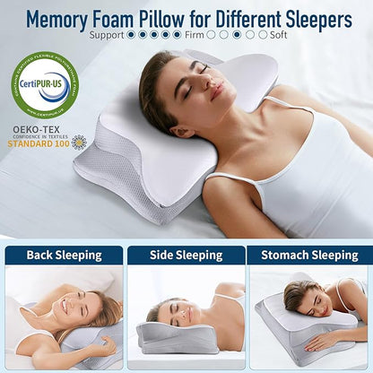 Cervical Neck Pillow Memory Foam Pillows Cooling Pillow for Neck Pain Relief, Ergonomic Orthopedic Neck Support Contour Bed Pillow for Side Back Stomach Sleepers with Washable Ice Silk Pillowcase - LeafyLoom