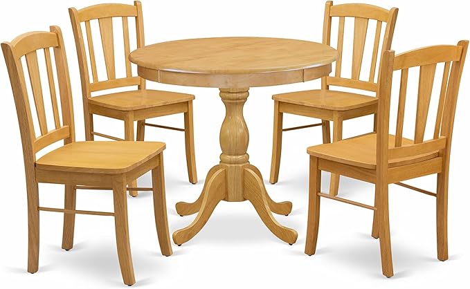 East West Furniture Antique 5 Piece Dinette Set for 4 Includes a Round Kitchen Table with Pedestal and 4 Dining Chairs, 36x36 Inch, Oak - LeafyLoom