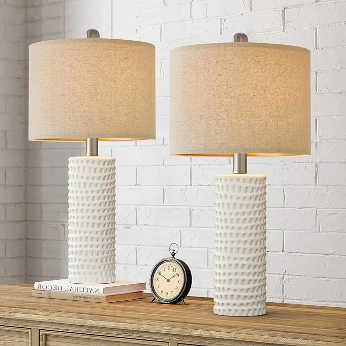 PORTRES 24" Farmhouse Ceramic Table Lamp Set of 2 for Bedroom Living room White Desk Decor Bedside Lamps for Study Room Office Dorm Modern Accent Nightstand Lamp End Table lamps - LeafyLoom