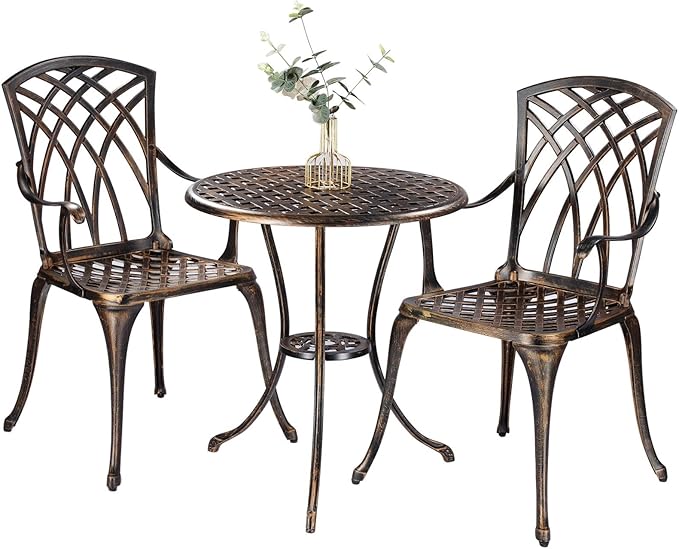 Bistro Set 3 Piece Rustproof Cast Aluminum Patio Furniture Sets Round Table with Umbrella Hole for Outdoor, Patio, Balcony, Bronze - LeafyLoom