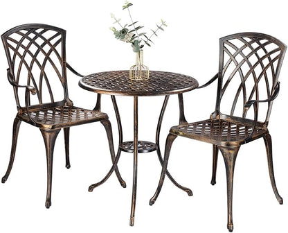 Bistro Set 3 Piece Rustproof Cast Aluminum Patio Furniture Sets Round Table with Umbrella Hole for Outdoor, Patio, Balcony, Bronze - LeafyLoom