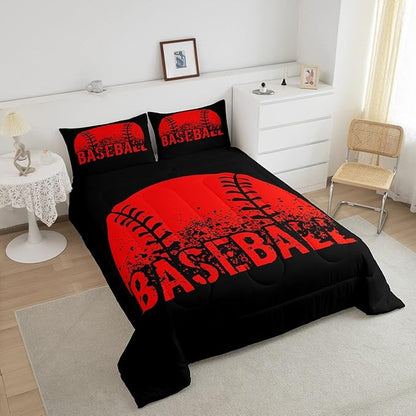 Baseball Comforter Set King Size Kids Red Black Sports Quilt Bedding Set For Boys Girls,Reversible Black Bedding Comforter Sets Soft Lightweight For All Season,1 Comforter And 2 Pillow Cases - LeafyLoom