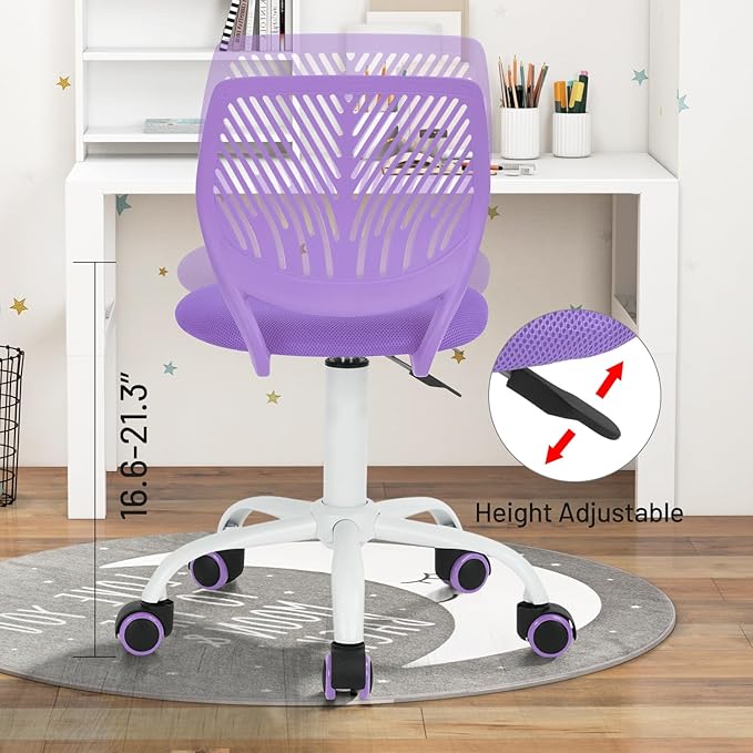 FurnitureR Desk Chair Small Study Chairs Armless for Child Kids Teens, Swivel Rolling Lightweight Mid Back Task Chair with Wheels and Mesh Padded Cushion, Purple - LeafyLoom