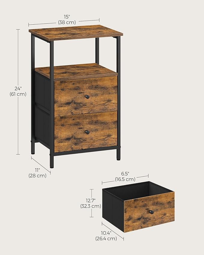 VASAGLE Nightstand Set of 2, Side Tables with 2 Fabric Drawers, 24-Inch Tall End Tables with Storage Shelf, Bedroom, Rustic Brown and Black ULGS225K01 - LeafyLoom