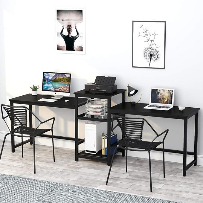 Tribesigns 96.9" Double Computer Desk with Printer Shelf, Extra Long Two Person Desk Workstation with Storage Shelves, Large Office Desk Study Writing Table for Home Office (Black) - LeafyLoom