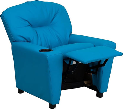 Flash Furniture Chandler Vinyl Kids Recliner with Cup Holder and Safety Recline, Contemporary Reclining Chair for Kids, Supports up to 90 lbs., Turquoise - LeafyLoom