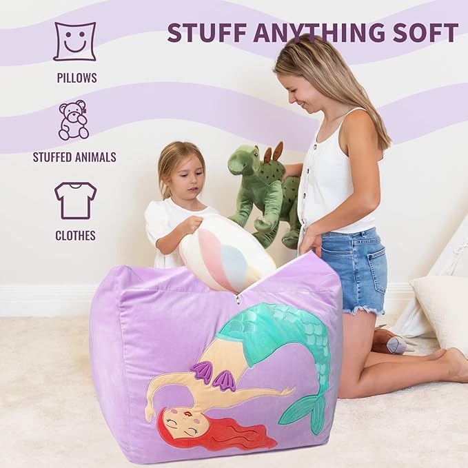 Aubliss Unicorn Stuffed Animal Storage Bean Bag Chair for Kids, Velvet Extra Soft Beanbag Chairs Cover, X-Large Stuffable Zipper Bean Bag for Organizing Plush Toys Girls Bedroom Decor, Purpl - LeafyLoom