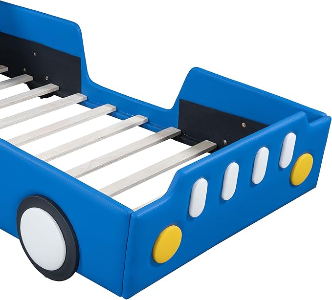 Twin Size Race Car Bed for Kids, PU Car-Shaped Bedframe with Wheels and Side Rails for Boys,Girls, Wood Slat Support, No Box Spring Needed,Blue - LeafyLoom