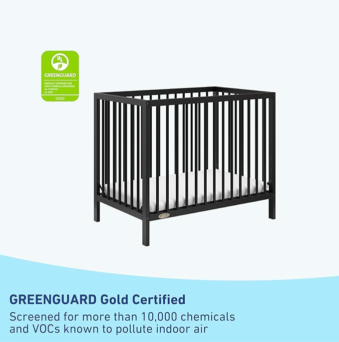 Graco Teddi 4-in-1 Convertible Mini Crib with Bonus Water-Resistant Mattress (Black) – GREENGUARD Gold Certified, 2.75-Inch Mattress Included, Convenient Size, Easy 30-Minute Assembly - LeafyLoom