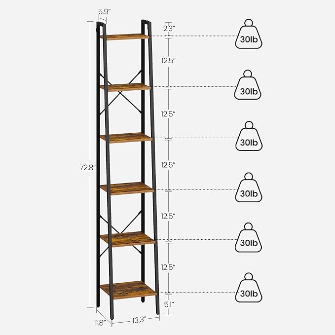 Ladder Shelf, Bookshelf Bookcase, Freestanding Corner Storage Shelve with 2 Hooks for Home Office, Living Room, Kitchen, Bedroom, Industrial, 6-Tier Rustic Brown BC13301B - LeafyLoom