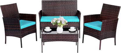 Patio Furniture Set,4 Piece Garden Conversation Set, Outdoor Wicker Rattan Table and Chairs, Black Patio Set, Sectional Sofa with Thick Cushion for Garden, Yard, or Porch (Brown/Blue) - LeafyLoom