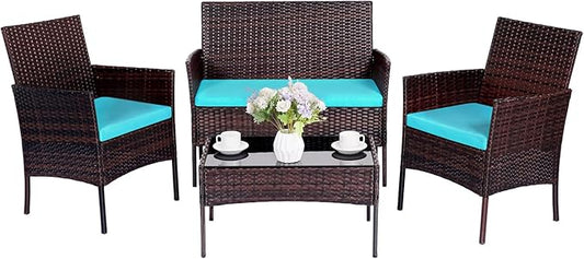 Patio Furniture Set,4 Piece Garden Conversation Set, Outdoor Wicker Rattan Table and Chairs, Black Patio Set, Sectional Sofa with Thick Cushion for Garden, Yard, or Porch (Brown/Blue) - LeafyLoom