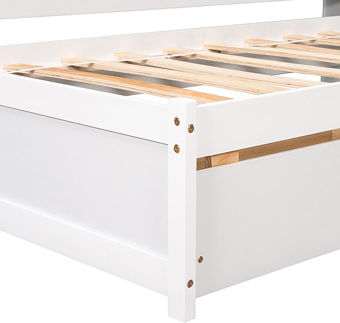 Twin Size Platform 2 Storage Drawers and L-Shaped Bookcases, Wooden Captain Bed Daybed Frame with Headboard for Bedroom, Living Room, White - LeafyLoom