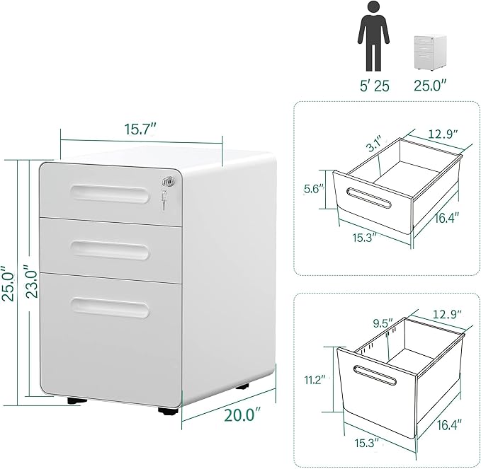 YITAHOME 3-Drawer Metal Mobile File Cabinet, Rolling Filing Cabinet with Lock, Filing Cabinet Under Desk fits Legal/A4 Size for Home/Office, Fully Assembled,White and Grey - LeafyLoom