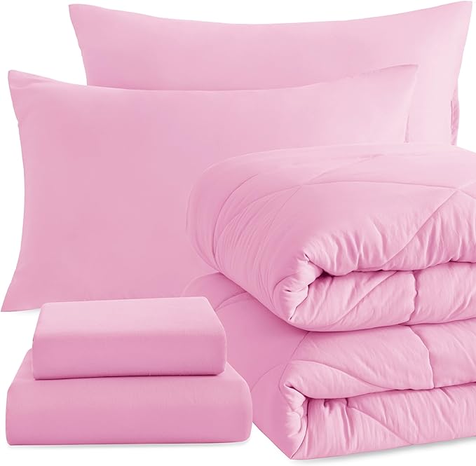 NTBAY Twin Comforter Set with Sheets, 5 Pieces Soft and Breathable Twin Bedding Set, Twin Bed in a Bag, Down Alternative Comforter Set Solid Color All Season, Kids Bedding Set, Pink - LeafyLoom