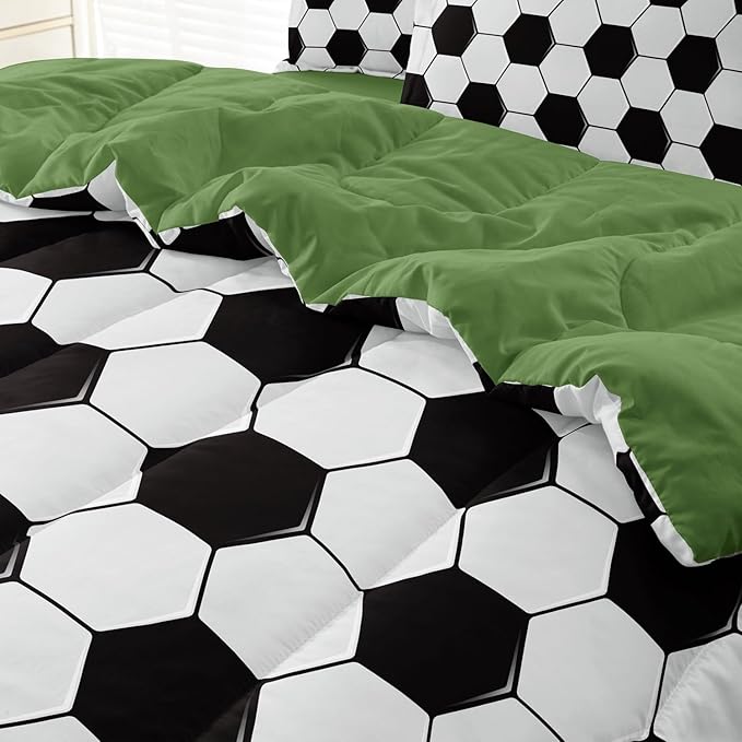 Soccer Comforter Set Twin for Boys Girls, 4 Pieces Soccer Bedding Twin Bed in a Bag Set with Sheets, Black and White Bed Sets for Teenage - LeafyLoom