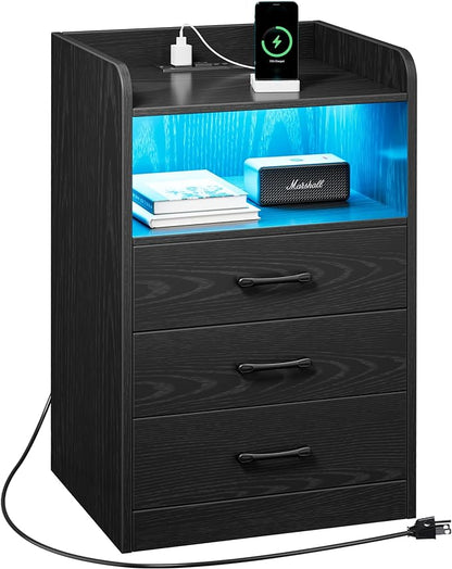 SUPERJARE File Cabinet with Charging Station and LED Light Strips, Drawers, End Table with USB Ports and Outlets, Black - LeafyLoom