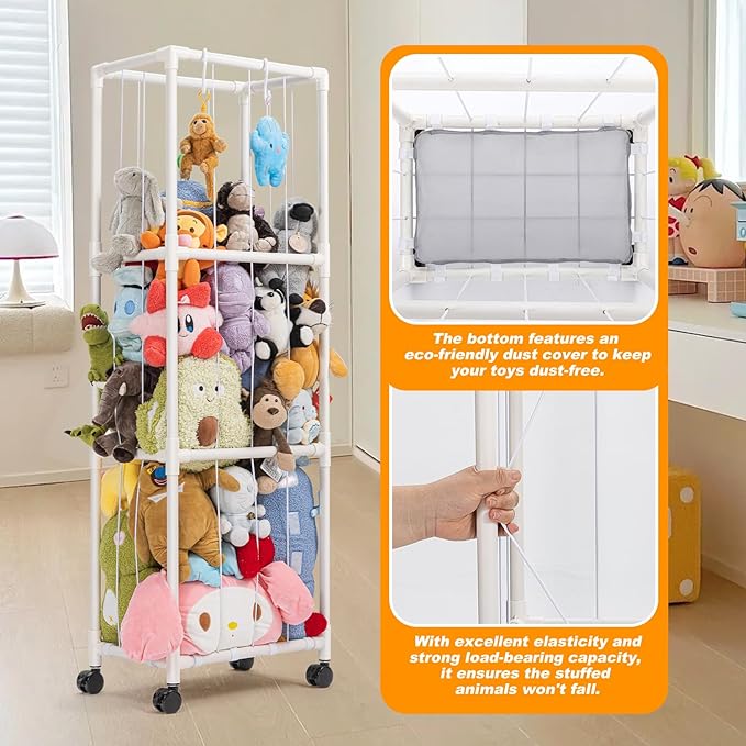 Stuffed Animal Zoo Storage, Extra Large Stuffed Animal Holder with Dust Cloth and Universal Wheels, Toy Storage Organizer, Plush Storage Organizer Shelf for Birthday Gift, Nursery Play Room Bedroom - LeafyLoom