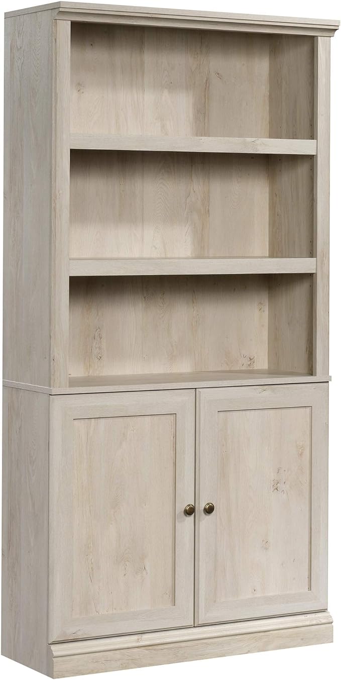 Sauder L-Desk (59.06" x 58.74" x 29.57") and Bookcase/Bookshelf (35.28" x 13.23" x 69.76") Bundle, Chalked Chestnut Finish - LeafyLoom