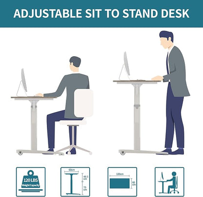 Manual Standing Desk Adjustable Height- Crank Mobile Standing Desk 48 x 24 Inches Sit Stand Desk Frame & Top, Stand Up Desk on Wheels, Computer Desk White Frame & White - LeafyLoom