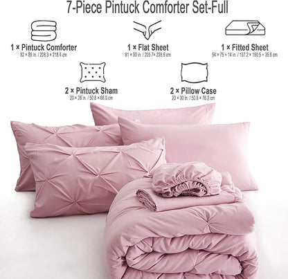 Ubauba 7pc Full Size Comforter Sets with Sheets for Girls, Pinched Pleat 7 Piece Bed in a Bag Blush Bed Set with Comforter, Pintuck All Season Bedding Sets (Pink,Full) - LeafyLoom