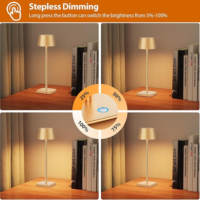 Rechargeable Cordless Table Lamp, Battery 5000mAh Metal Aluminum Housing USB LED Portable Powered Desk Lamp, 3 Levels Brightness Night Light for Restaurants Bars Outdoor (Gold-2pack) - LeafyLoom