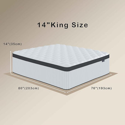 King Mattress, 14 Inch Innerspring Hybrid Mattress in a Box with Gel Memory Foam, Individually Wrapped Encased Coil Pocket Spring Mattress, Pressure Relief, Medium Firm Support,76"*80"*14" - LeafyLoom