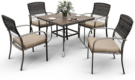 Patio Dining Set for 4, 5PCS Patio Table & Chair Set,Plastic-Wood Table Top with 1.6" Umbrella Hole, All-Weather Wicker Patio Dining Furniture with Removable Cushions for Deck, Lawn, Garden(Beige) - LeafyLoom